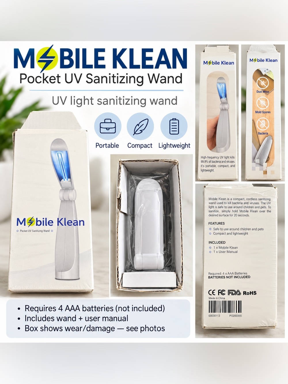White Pocket UV Sanitizing Wand - Portable UV Light Cleaner